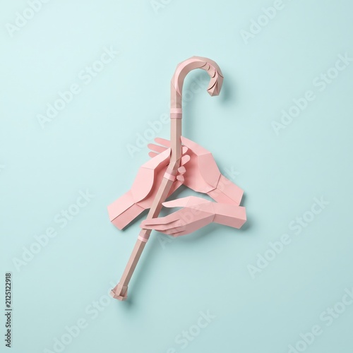 Hands Supporting a Walking Cane in a Soft Pastel Color Scheme for Accessibility Awareness