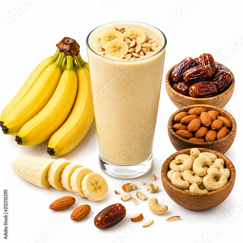 Healthy Banana Date Smoothie with Almonds, Cashews and Fresh Bananas Isolated on White Background