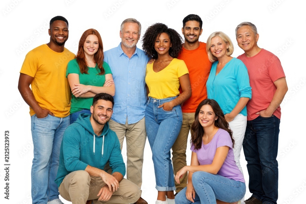 Fototapeta premium Diverse group of smiling people in colorful casual attire on white background.