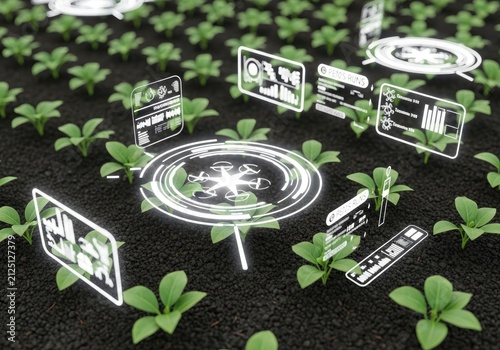 Futuristic Smart Farming Technology with Holographic Displays in a Field.
