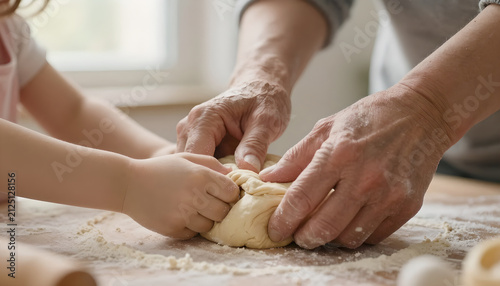 Grandmother and Granddaughter Kneading Dough Together: Family Cooking