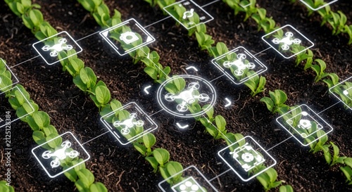Smart Farming Technology Drone Monitoring Crops with Digital Interface.