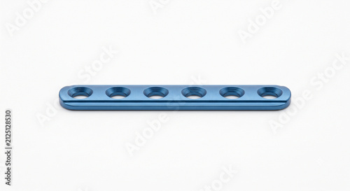 Macro of a titanium orthopedic bone plate. Surgically clean metallic bar with countersunk screw holes and anodized blue medical finish. Isolated on white.