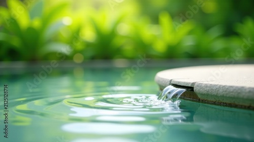Serene Water Feature Cascading into a Tranquil Pool, Surrounded by Lush Greenery
