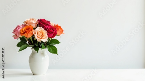 A vibrant bouquet of multicolored roses in a simple white vase, arranged elegantly on a pristine white surface against a minimalist backdrop
