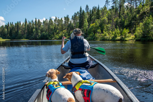 Woman canoeing in Lapland Finland with dogs