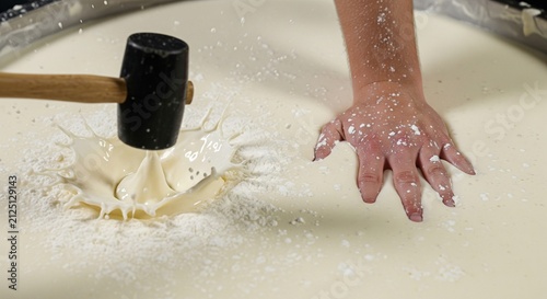 Hands kneading dough with rolling pin in floury kitchen workspace