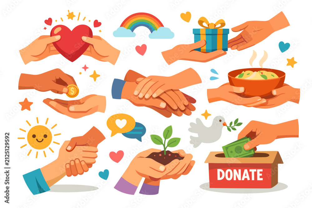 Fototapeta premium Collection of Hands Engaged in Acts of Kindness and Generosity with Colorful Symbols