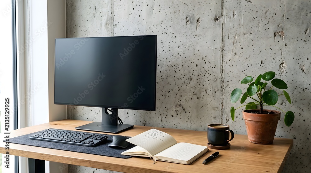 Fototapeta premium Minimalist home office workspace with computer monitor and potted plant