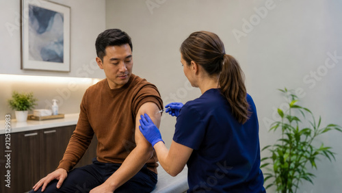 Professional female nurse wearing blue scrubs administers vaccine injection to arm of calm Asian male patient in modern, clean, and clinical medical office setting
