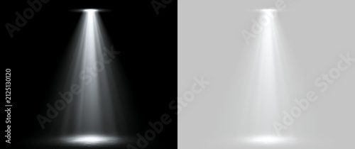 Bright white stage spotlight beam with oval overhead light ring. Studio lighting overlay on transparent background