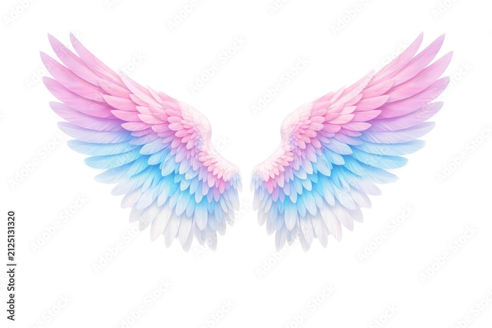 Obraz premium Pastel-colored angel wings with pink, blue, and white feathers.
