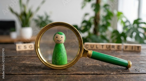 Green wooden peg doll examined under a magnifying glass on a wooden table