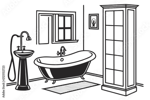 Classic freestanding bathtub with vintage faucet in modern bathroom. Elegant clawfoot tub illustration for home design and renovation projects.