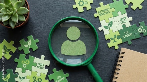 Green Skills and Eco Planning Puzzle Concept with Magnifying Glass