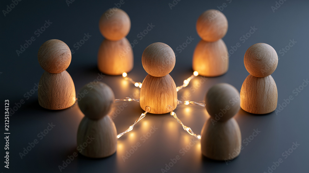 Obraz premium Wooden Peg Figures Connected Wire Lights Network Team Concept Business Connection Organization