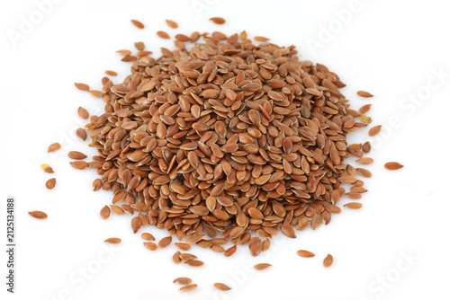 Flax seeds piled on a plain white background