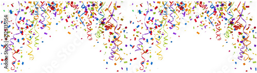 Colorful confetti frame border, rainbow paper streamers falling, festive party decoration, celebration background with copy space, holiday greeting card design