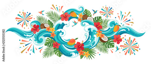 Bild auf Leinwand Tropical Summer Banner with Hibiscus Flowers and Ocean Waves