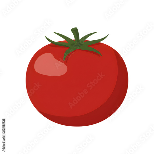Single fresh ripe red tomato with green stem isolated on white background flat vector illustration