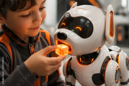 Young boy smiles while offering a bright, translucent cube to a white robotic pet with glowing orange accents, symbolizing childhood interaction with advanced technology and future companions