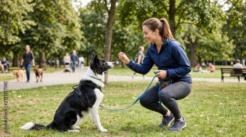 A woman is training her black and white Border Collie dog in a park. She is kneeling and holding a treat, while the dog sits attentively.