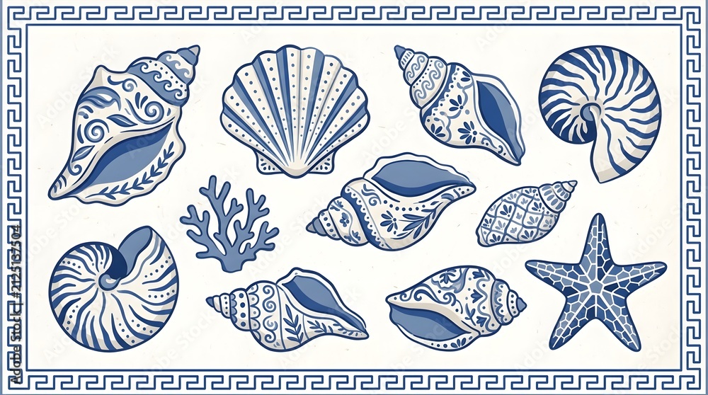Obraz premium Ornate Blue and White Seashell Collection with Starfish and Coral Border, Elegant Marine Life Illustration