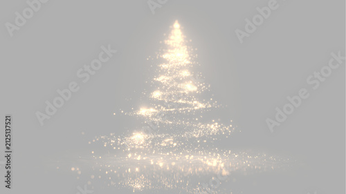 Sparkling gold light spiral christmas tree with bright flares. Glowing xmas particle tree isolated on transparent background