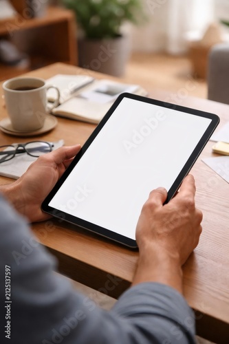Hands holding a modern portable device with an empty display, ideal for showcasing app interfaces or content while working or studying at a wooden desk with coffee and eyewear