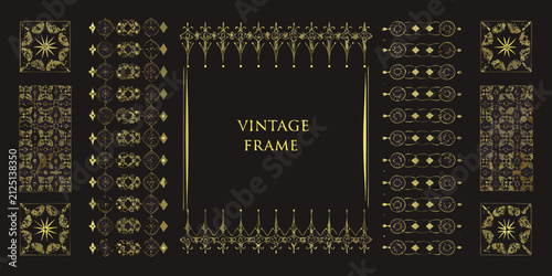 Quadro su tela Vintage frames with gold gradient on a black background