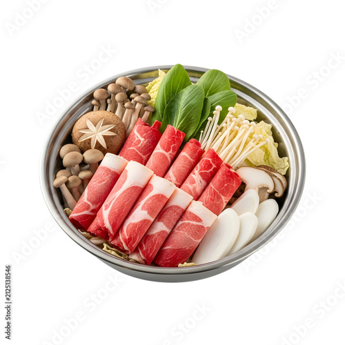 Raw hot pot ingredients including beef rolls and mushrooms in a metal bowl on white background