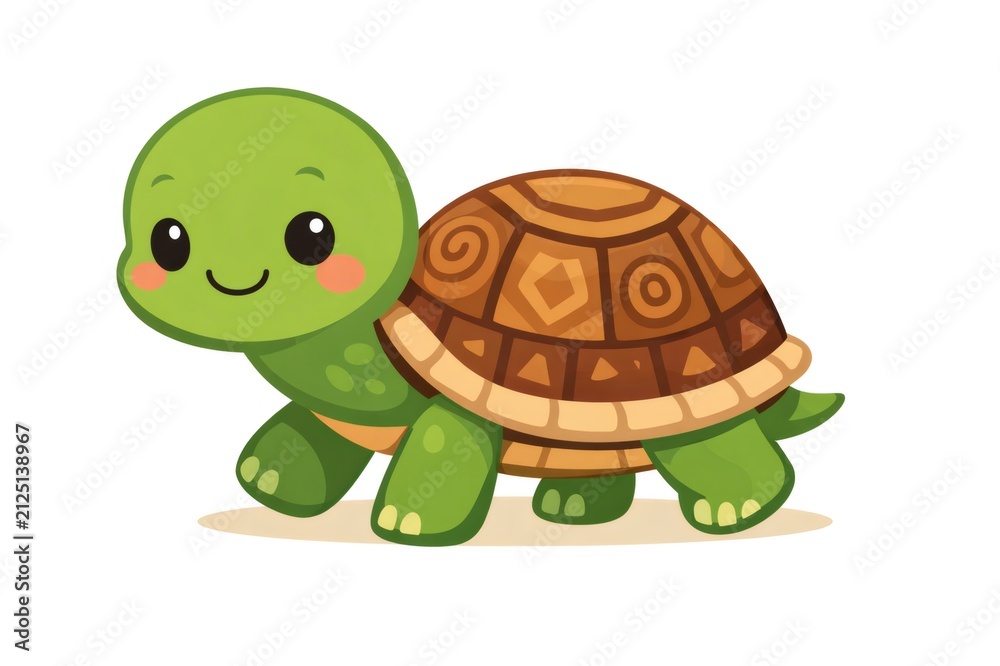 Obraz premium Adorable baby green turtle with patterned brown shell and rosy cheeks, happily walking forward with a cheerful smile on a clean white background, cute cartoon mascot illustration