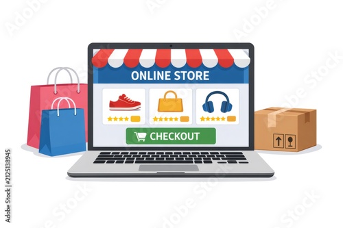 Laptop displaying an online store interface with various products and a checkout button, alongside shopping bags and a delivery box representing digital retail and convenient e commerce