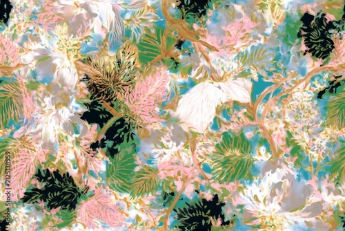 impressive design that combines eye-catching floral motifs. Large flowers and leaves in black, gray and beige tones, accompanied by curved branches, create a watercolor look Seamless watercolor floral