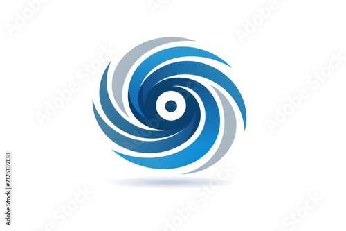 Abstract concentric shapes in shades of blue and gray create a dynamic swirling vortex, symbolizing movement, energy, and digital flow