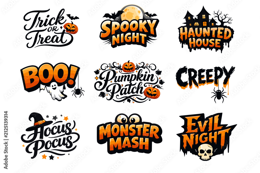 Fototapeta premium Collection of Halloween Themed Typography with Spooky Elements and Vibrant Colors