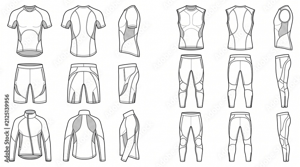 Fototapeta premium Athletic Compression Wear Technical Fashion Flat Sketch Template Collection