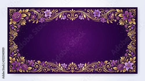Ornate golden floral border on deep purple background with sparkles