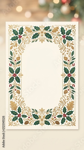 Elegant Christmas invitation border with holly and poinsettia
