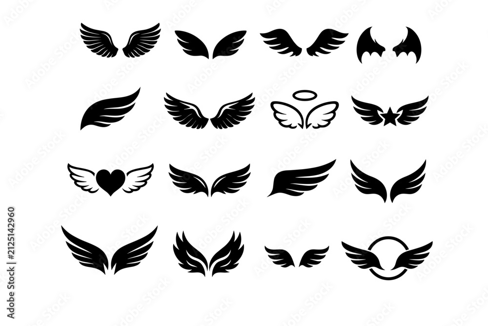 Obraz premium Collection of Various Wing Designs in Black and White on a Minimalist Background
