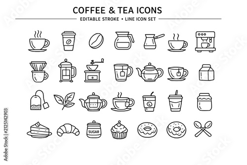Collection of Hand-Drawn Coffee and Tea Icons on a White Background