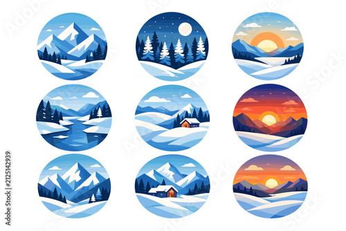 Collection of Pixel Art Landscapes Depicting Mountains and Sunsets in Vivid Colors