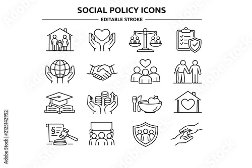 Collection of Social Policy Icons Featuring Community Justice Healthcare and Education Themes