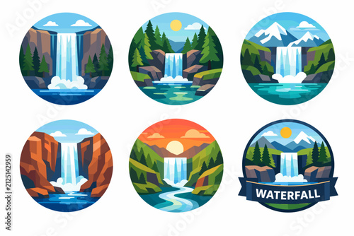 Collection of Six Nature Illustrations Depicting Waterfalls in Various Scenic Environments