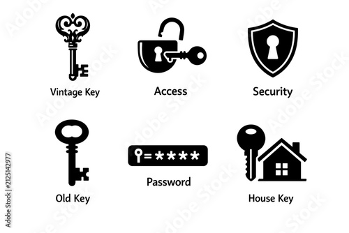 Collection of Various Key Icons Featuring Vintage Key Security and Access Symbols