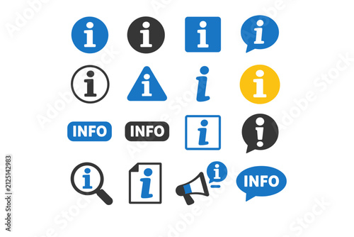 Colorful Array of Information Icons in Various Shapes and Sizes on a White Background