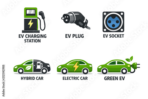 Electric Vehicle Charging Icons with Charging Station Plug Hybrid and Green Cars