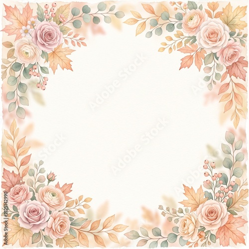 Autumn Floral Border: A delicate watercolor frame composed of soft pastel roses, autumn leaves, and berry sprigs evokes a sense of gentle warmth and seasonal beauty.