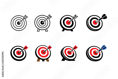 Illustration of Dartboard with Red and Blue Darts Hitting Targets on White Background