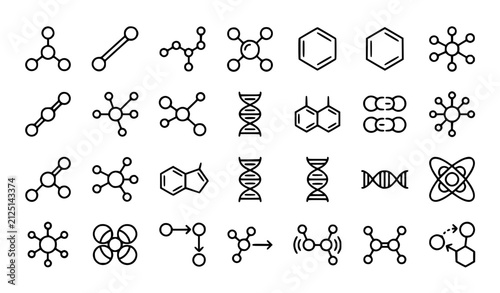 Molecular structure line icon set with chemical bonds atoms and science symbols editable stroke vector